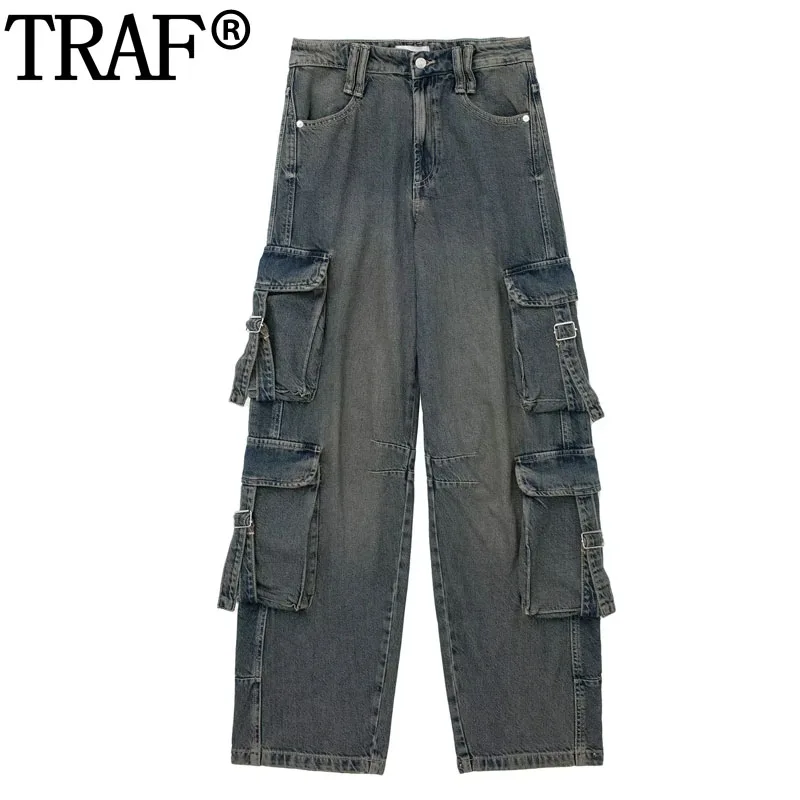 

TRAF 2023 Denim Cargo Pants Women Mid Waist Trousers Streetwear Baggy Pants Woman Fashion Summer Trousers Casual Womens Overalls