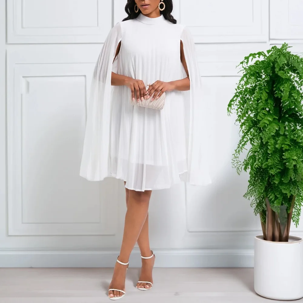 

Women's Chiffon Ruched Cloak Mini Dress, Half High Neck, Pleated, Short, Casual, Monochromatic, Party, Club, Wedding, Summer, Au