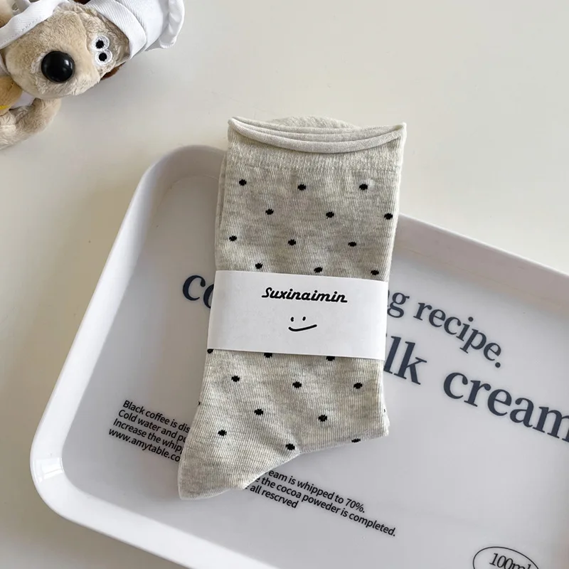 Vintage Cream Polka Dot Curled-Edge Mid-Tube Socks