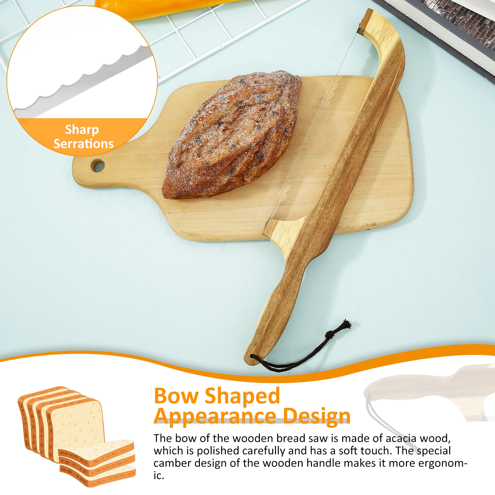 Wooden Bread Bow Cutter Serrated Bagel Cutter Bread Sourdough Slicer Portable Cutting Tool Kitchen Supplies baking tool,baking accessories,bread cutter