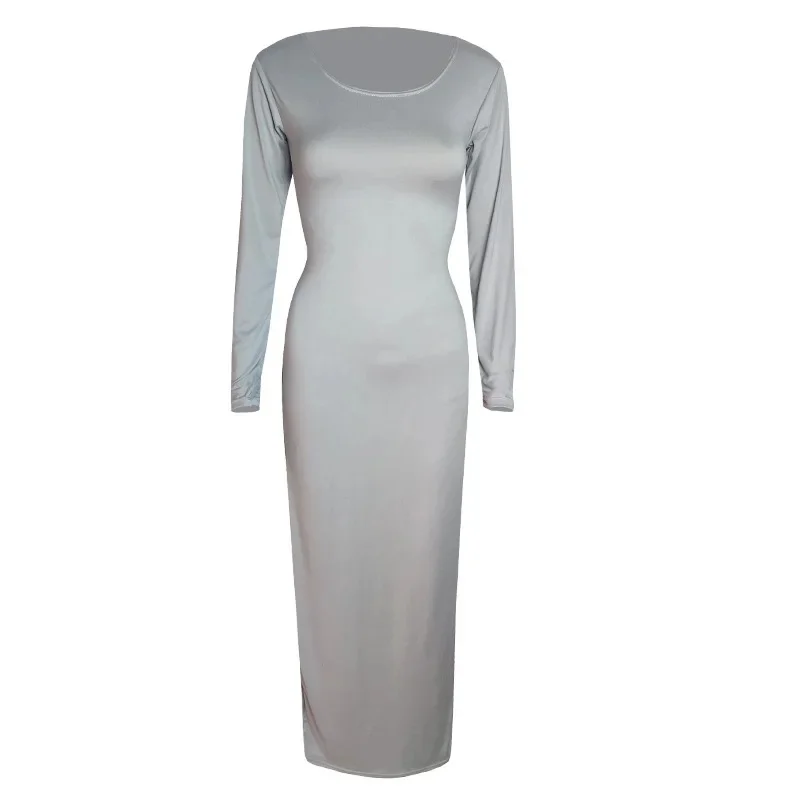 B106 round neck long sleeve dress light gray