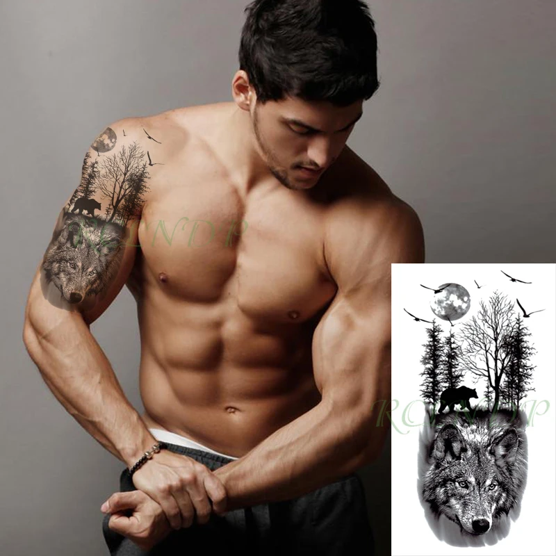 Tattoo Sticker Waterproof Temporary Tattoo Sticker Wolf Forest Moon Tree Bear Animal Fake Tatoo Flash Tatto Arm Leg Body Art for Women Men