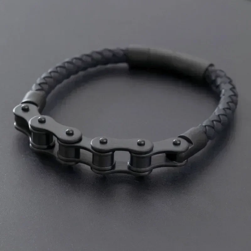 Retro Punk Bicycle Chain Hand Woven Leather Bracelet with Metal Buckle Men's Jewelry, leather bracelet