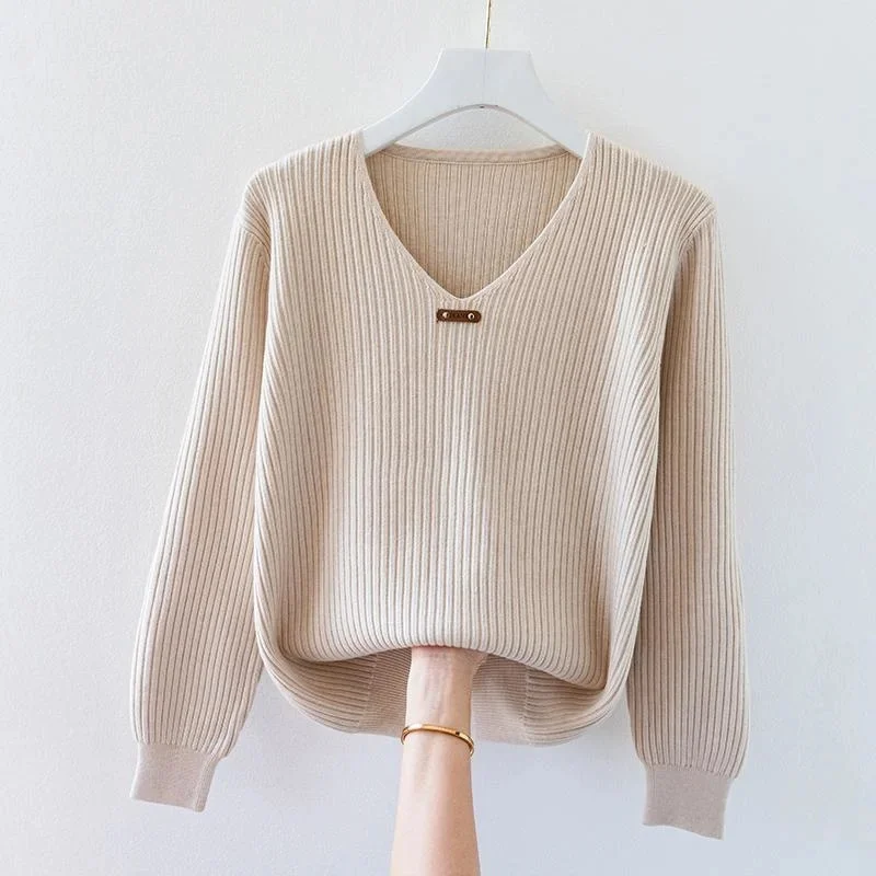 

Women Long Sleeve Knitted Sweaters Spring Autumn New Solid Slim V-Neck Korean Basic Casual Bottoming Pullovers Tops 2022