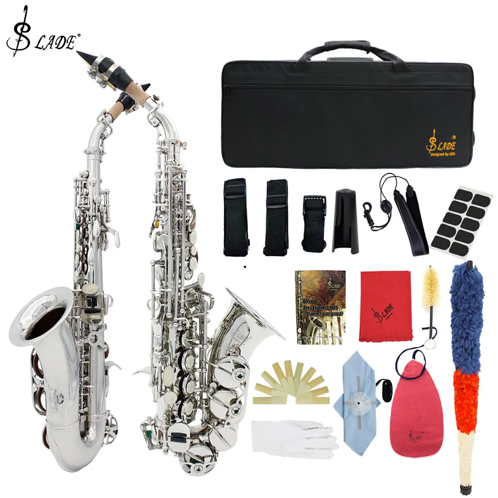 Description Picture 2 of itemSLADE Soprano Saxophone Professional B Flat Saxophone Brass Silvery Sax Woodwind Instrument with Case Neck Strap Reeds Parts