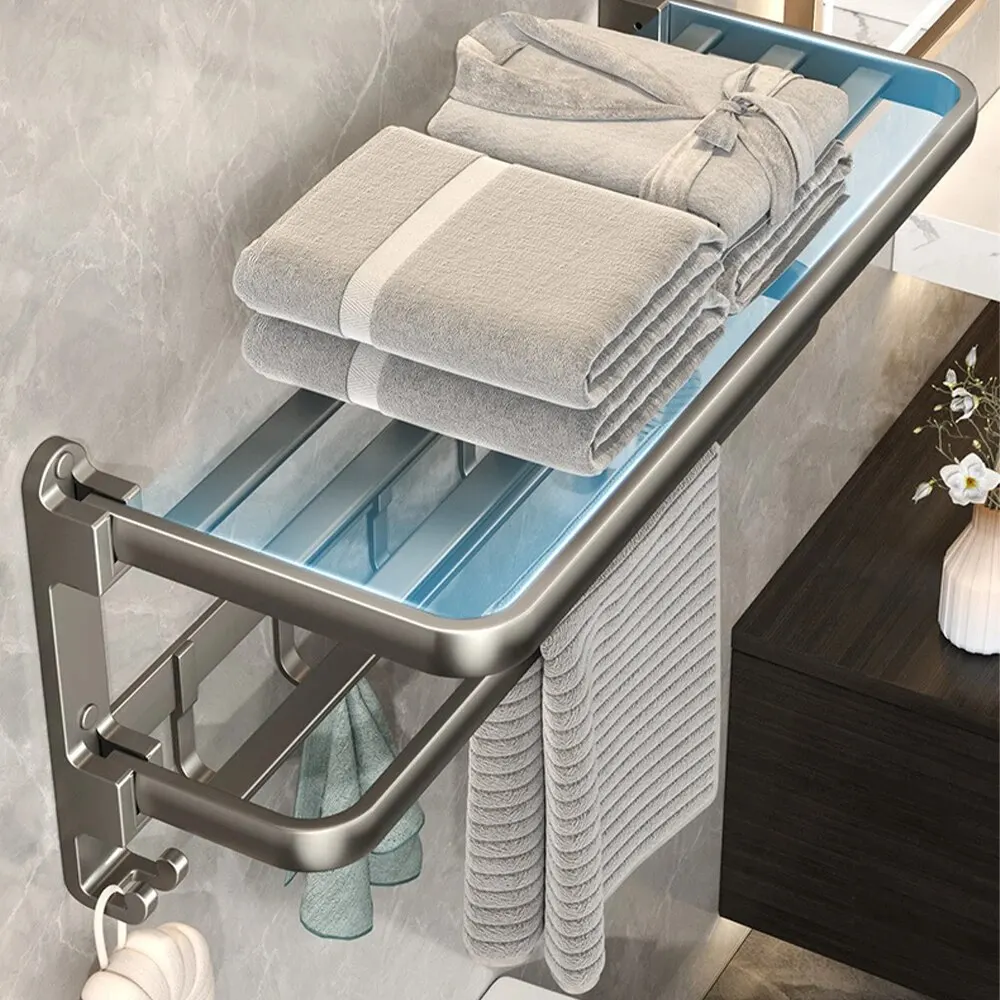 Towel Rack Bi-Fold 24 Inch Towel Storage Wall Mount With Bar Holder Shelf Movable Hooks Rust Proof For Bathroom