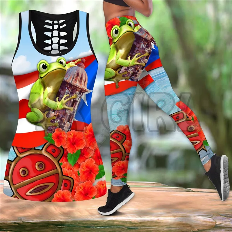 Puerto Rico Cute Caribbean Frog With Maga Flower 3D Printed Tank Top+Legging Combo Outfit Yoga Fitness Legging Women