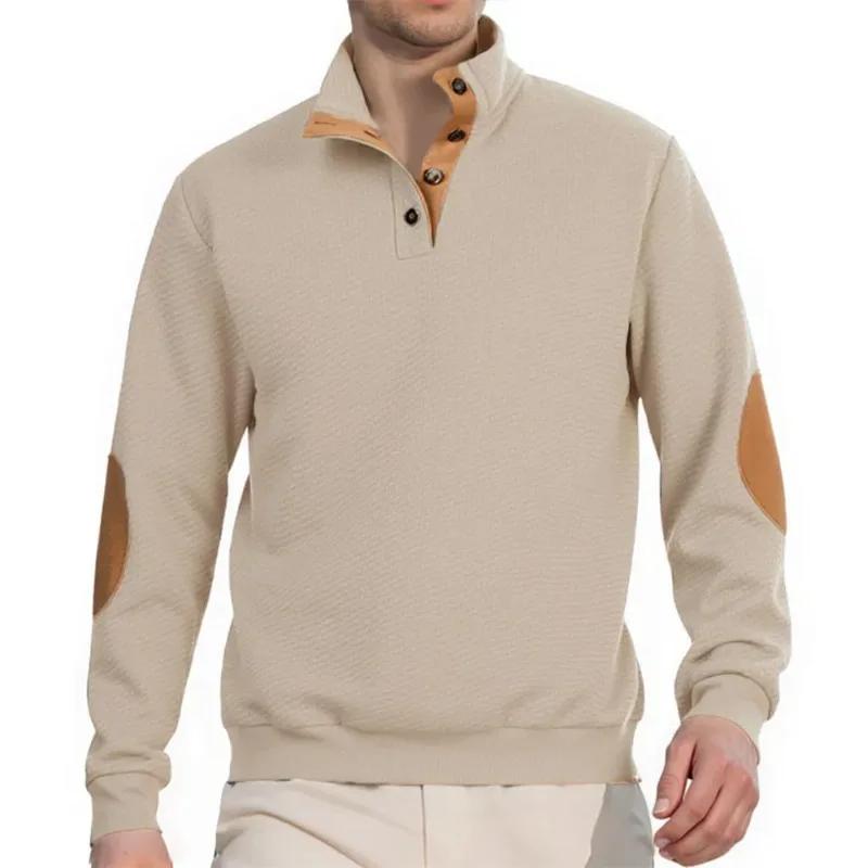 Autumn Men's Jacquard Sweatshirt Long Sleeve Patchwork Stand Casual Male Pullovers Fashion Streetwear Button HeavyWeight Outwear