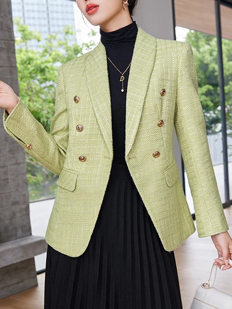 QOERLIN S-4XL Stylish Office Ladies Tweed Blazer Jacket Women Quality Double-Breasted Coat Formal Elegant Coat Winter 2023 New