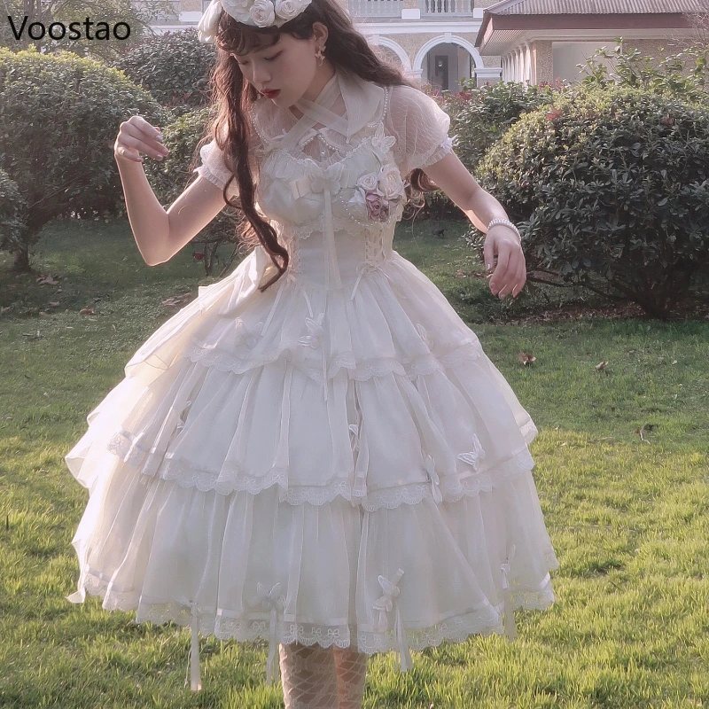 Sweet White Lolita Jsk Dress Victorian Retro Women Elegant Lace Butterfly Sleeveless Flower Wedding Party Dress Kawaii Vestidos