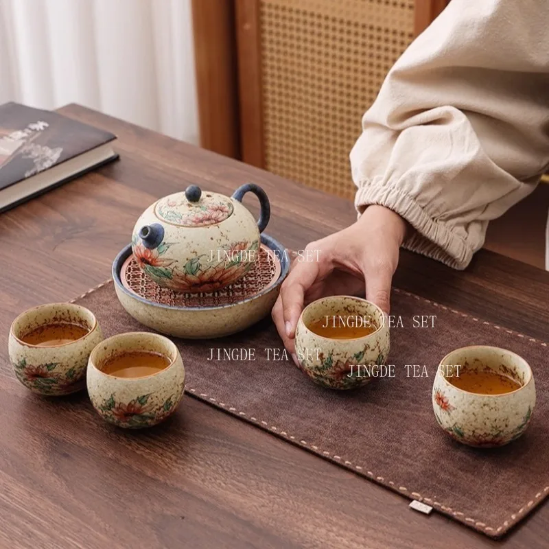 Caramel Glazed Ceramic Teapot Home Kung Fu Tea Set Chinese Style Tea Pot with Heat-resistant Grip Lidded Bowl Drinking Utensils