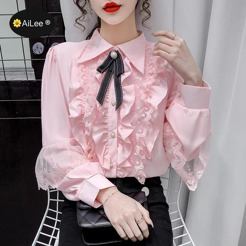 Blusa de estilo victoriano Vintage para mujer, camisa rosa con lazo y volantes de Lolita, sudadera con para oficina, blusa elegante para fiesta y Club|Camisa| - AliExpress