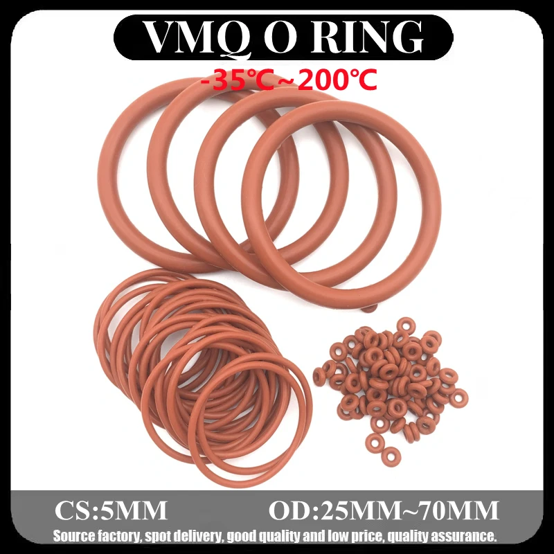 VMQ-레드 실리콘 O 링 CS 5mm OD 25mm  70mm, 식품 등급 방수 와셔 고무 절연 원형 씰 개스킷 20 개