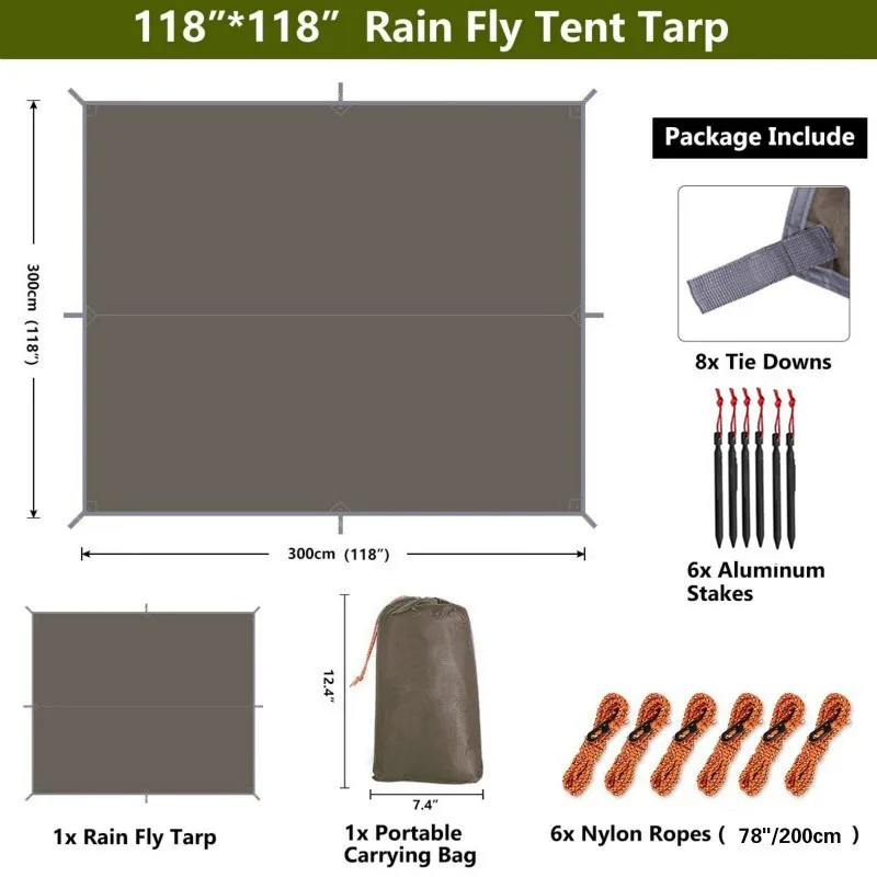 Waterproof Tarp Hammock Rain Fly Tent 10 X 10 FT Large UV Protection Lightweight Ripstop Nylon Picnic Mat