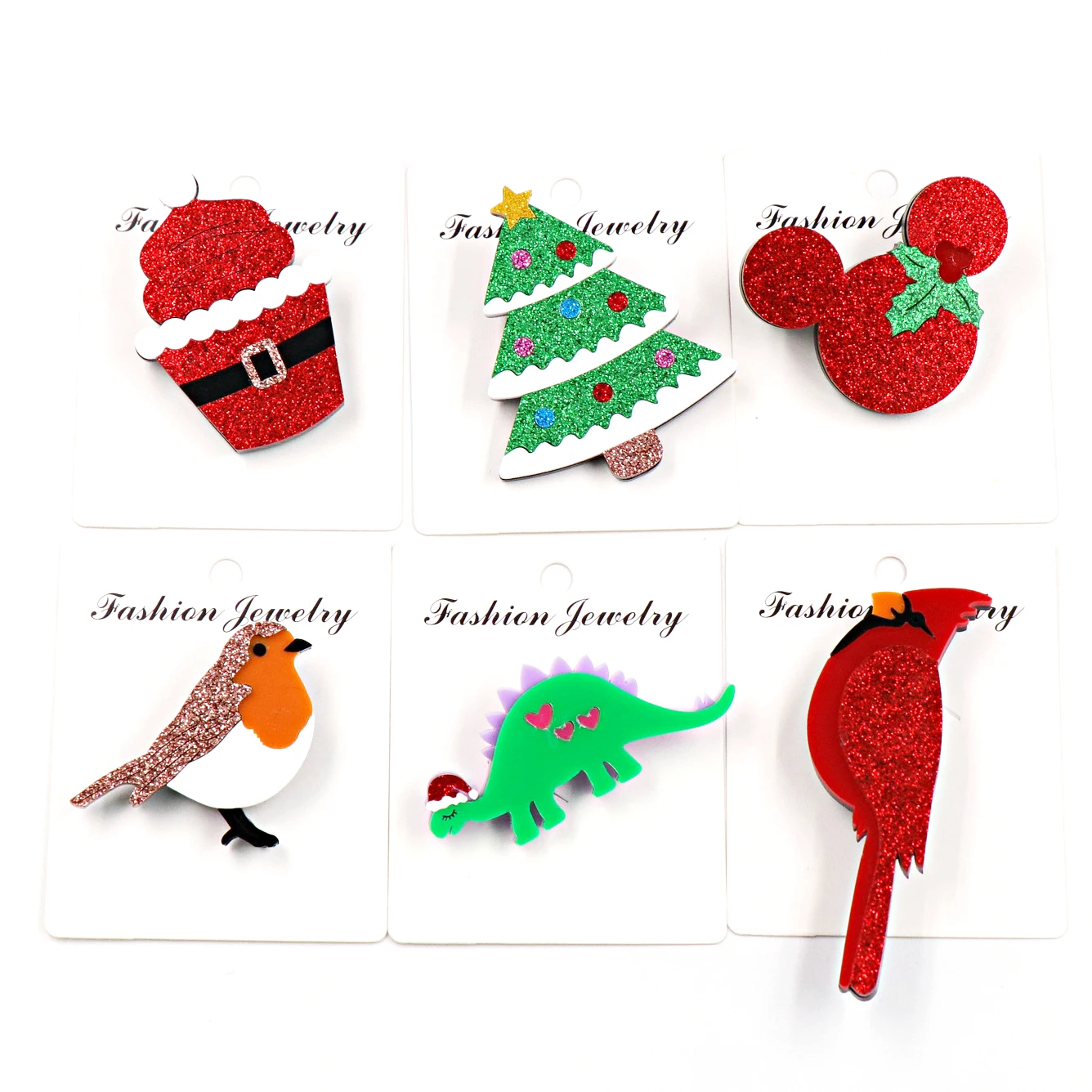 Chirstmas Dinosaur Brooch Safety Pin Mouse Head Robin Bird Brooches Cardinal Bird Glitter Tree Acrylic Brooch