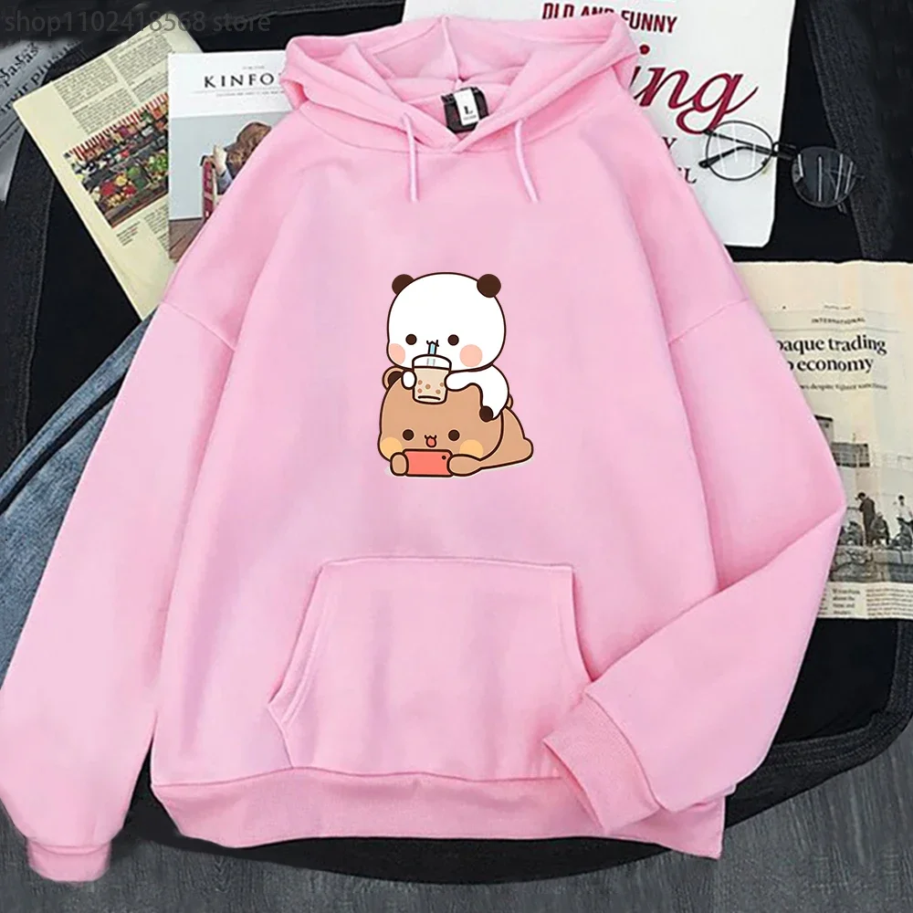 Bubu Is Watching Dudu While He Playing Games Hoodie Cute Panda Bear Cartoon Sweatshirts Women Funny Print Pullover Pocket Kawaii