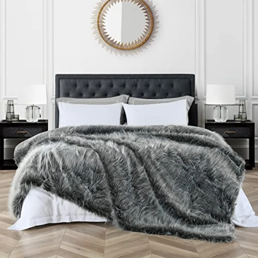 Luxury Faux Fur Blanket King Size Ultra Big Grey and Black High Pile Mixed Faux Fur Throw Blanket Oversized Super Warm Fuzzy El
