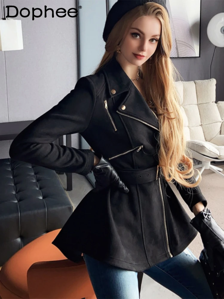 Retro Suede Black Coat Female 2023 Autumn and Winter New Lace-up Waist Sweet Cool Zipper Long Sleeves Short Jacket Women