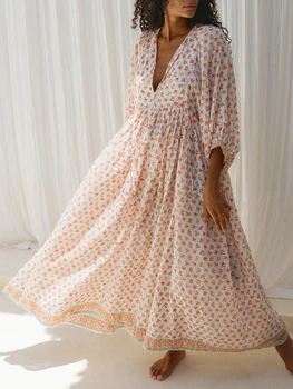 Elegant Maxi Dress with 3 4 Sleeves V Neckline and Floral Print - Stylish Loose Fit Summer Dress for Casual Wear 4