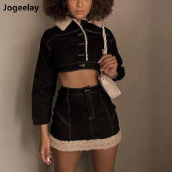 Feminino básico botão para baixo estiramento cabido mangas compridas denim jean plush collar jaqueta denim pacote saia hip