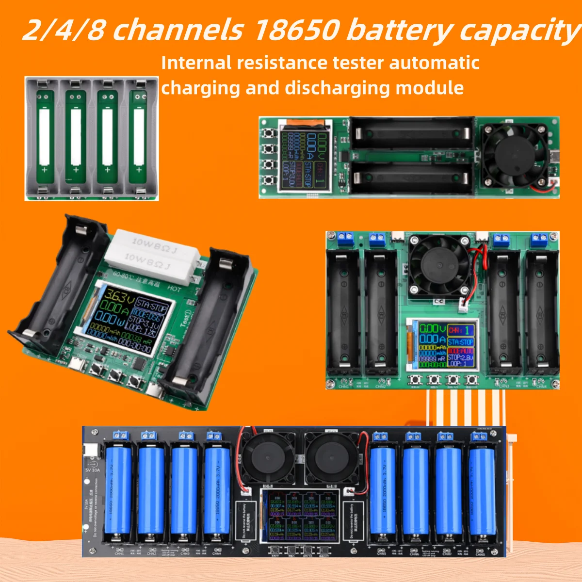 2.4-inch color screen 2/4/8 channels 18650 battery capacity internal resistance detector charging and discharging module resistance tester
