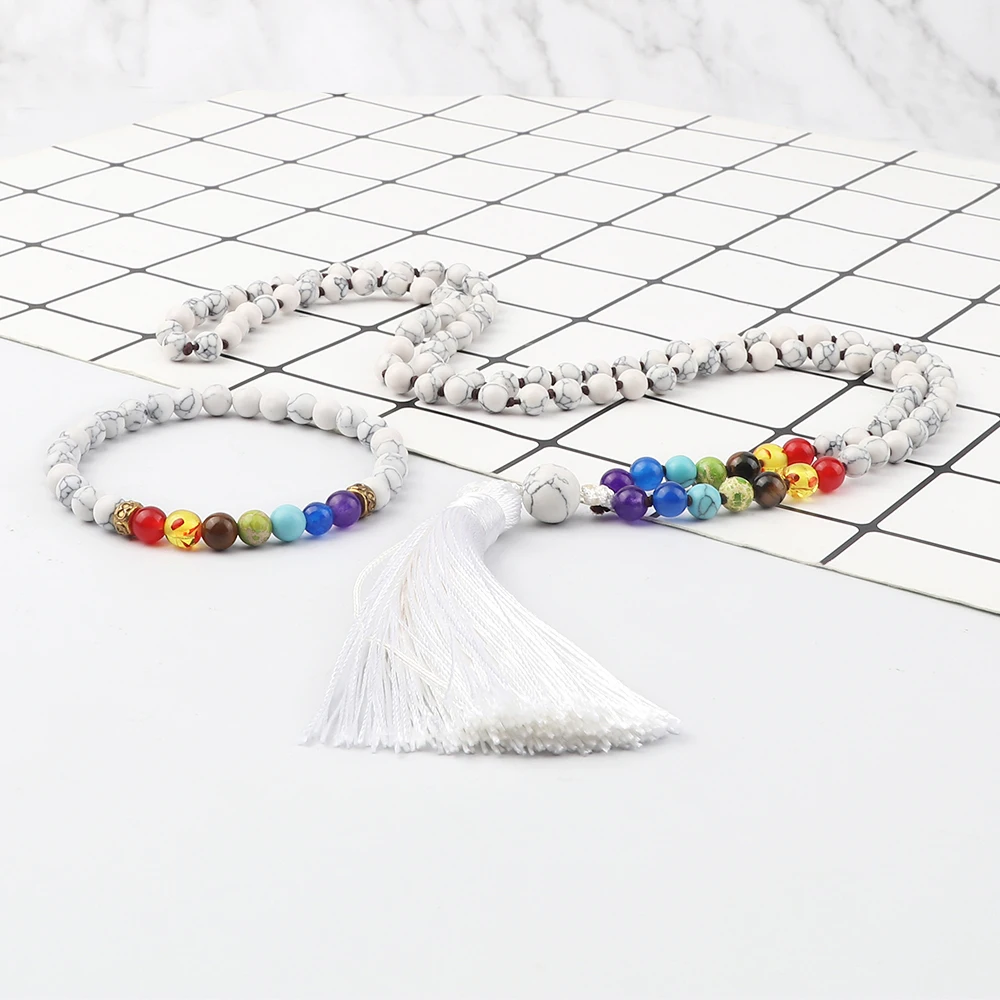 Handmade Knotted Colares Set, 7 Chakra Beads, Moda Howlite Pulseiras de Pedra, Yoga Jóias Meditação, 108 Japamala, 6mm