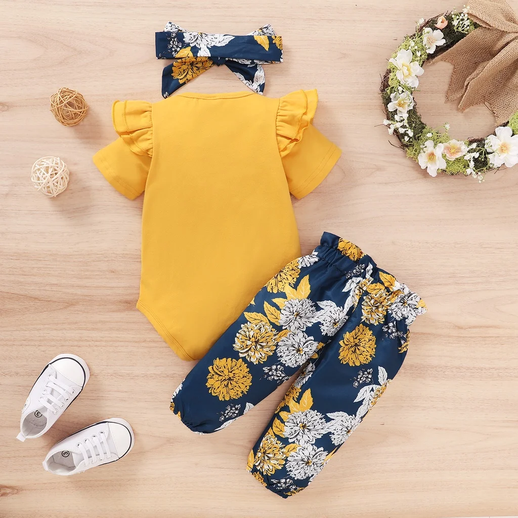 Set di vestiti per neonate per neonati Body a maniche corte per bambina + Pantaloni floreali con fiocco + Fascia per capelli 3 pezzi Abiti per 0-18 mesi - immagine 2
