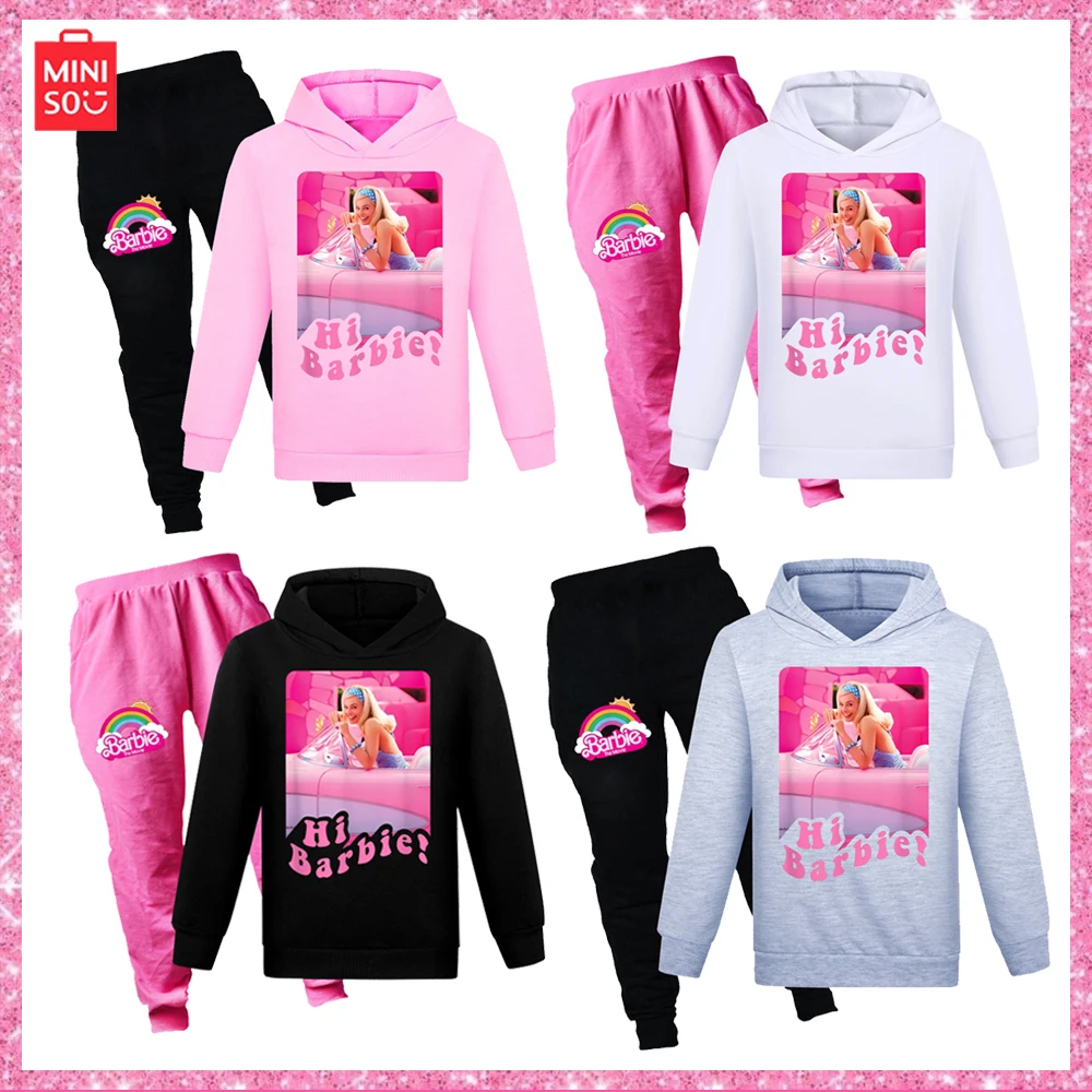 

Miniso Barbie New Fashion Comfort Student Casual Wear Children Cartoon Hoodie Tie Pants Spring and Autumn Set Christmas Gift