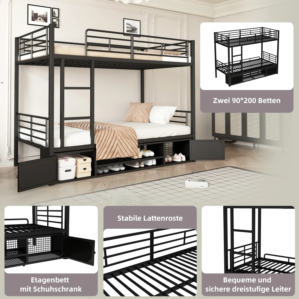 90 x 200 cm großes Bett mit Eisenrahmen, Schuhschrank, kleiner Aufbewahrungsschrank mit Doppeltür, Kinder-Etagenbett mit Seitenleiter und Fallschirmgitter – Detail 10