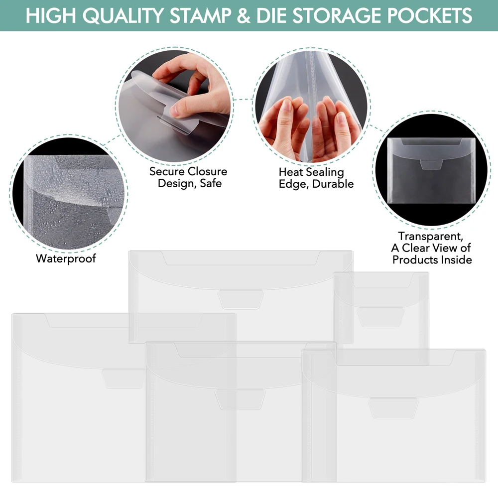 10pcs Various Sizes Clear Stamp & Die Storage Bag Resealable Plastic Envelopes Pockets for Cutting Dies Stencil Crafts Organizer