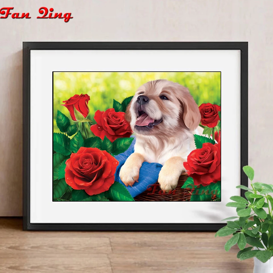 Full Square Diamond 5D DIY Diamond Painting "Dog and rose" Embroidery Cross Stitch Rhinestone Mosaic Painting Decor