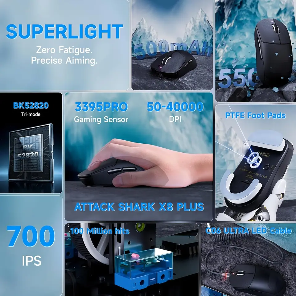 ATTACK SHARK X8 PLUS 55g ワイヤレスゲーミングマウス、C06 Ultra LED