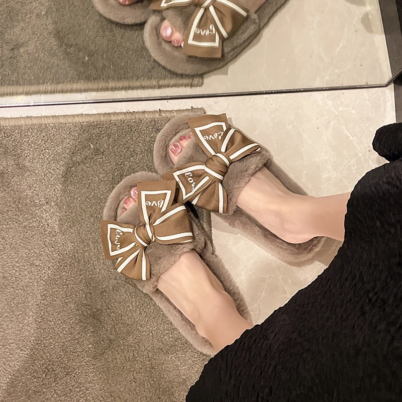 Women's Fuzzy Winter House Slippers With Bow Platform_voghion.com