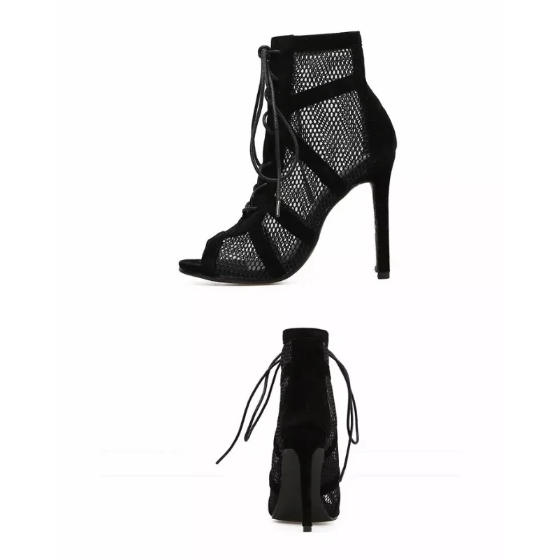 Nový móda ukázat černá sit' textilie kříž řemen sexy vysoký podpatek sandály žena boty pumps šněrovací peep prst sandály ležérní pletivo