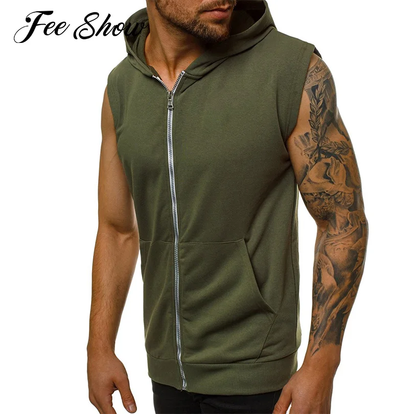 

Mens Sleeveless Sport Tops Man Breathable Gym Fitness Workout Tank Top Solid Color Casual Zipper Hoodie Hooded Sweatshirt Top