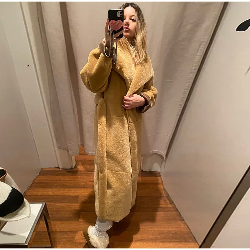 Abrigos largos elegantes de piel sintética con cinturón, solapa grande, manga larga y bolsillo, abrigos de felpa para mujer, ropa de calle de invierno 2025
