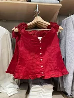 Blue Plaid Fungus T-shirt Women V Neck Single Breasted Puff Sleeve Slim Folds Tee Shirts Summer New Sweet Chic Casual Crop Tops - Image 4