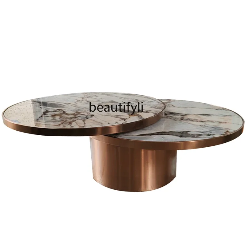 

Light Luxury Natural Marble Tea Table Modern Minimalist Living Room Home Small Apartment Stainless Steel Rotating Tea Table