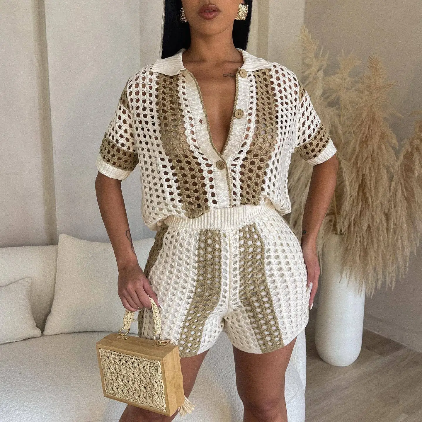 

Lady Stripe Contrast Buttons Up Top Sexy See Through Summer Beach Two Piece Set Hollow Out Knitted Shorts Casual Suits