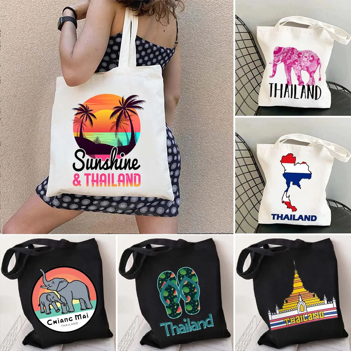 

Phuket Bangkok Thailand Flag Map Souvenir Tropics Elephant Summer Beach Sunset Shoulder Canvas Tote Bag Shopping Shopper Handbag