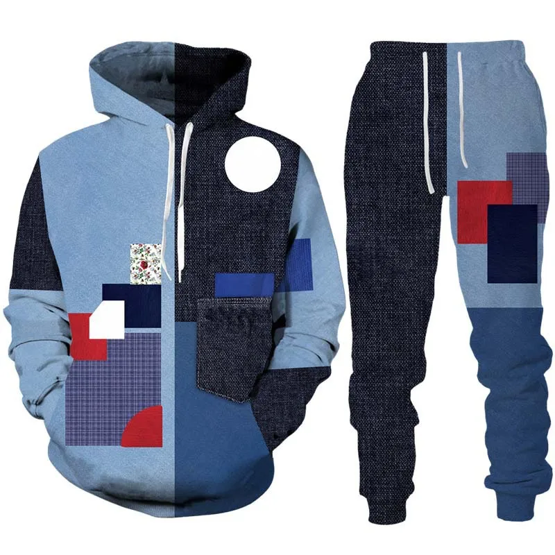 Color Block Patchwork Print Men's Tracksuit Sets Casual Hoodie+Pants 2pcs Sets Trend Sweatshirt Fashion Men Joggers Clothing