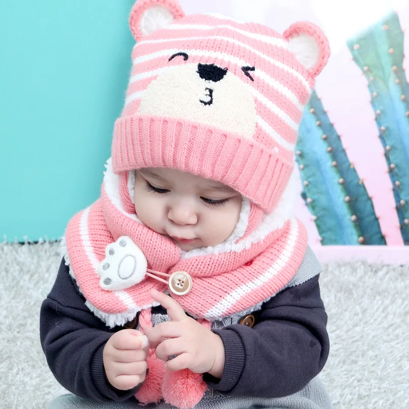 Winter Baby Girl Hat Scarf Set For Children Boys Kids Cartoon Bear Stripe Knit Ear Beanie Cap And Button Paw Scarves Warm Suit