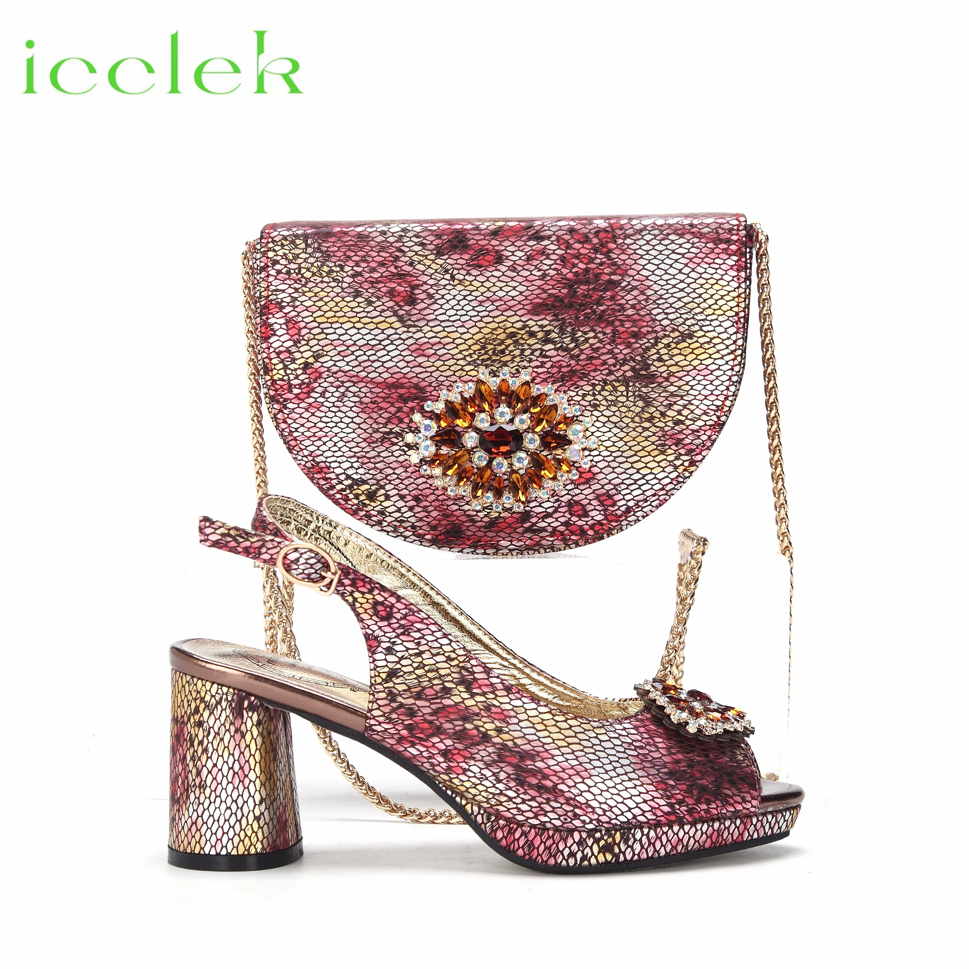 

High Quality Fashion Style Peep Toe Ladies Sandal with Rhinestones Bag Set For Wedding Party Women in Coffee