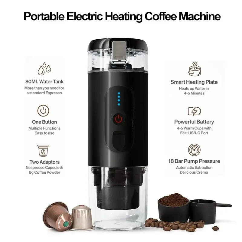 Portable Coffee Maker Travel Coffee Machine Compatible with Capsule and Powder USB Charging for Outdoor Car Office