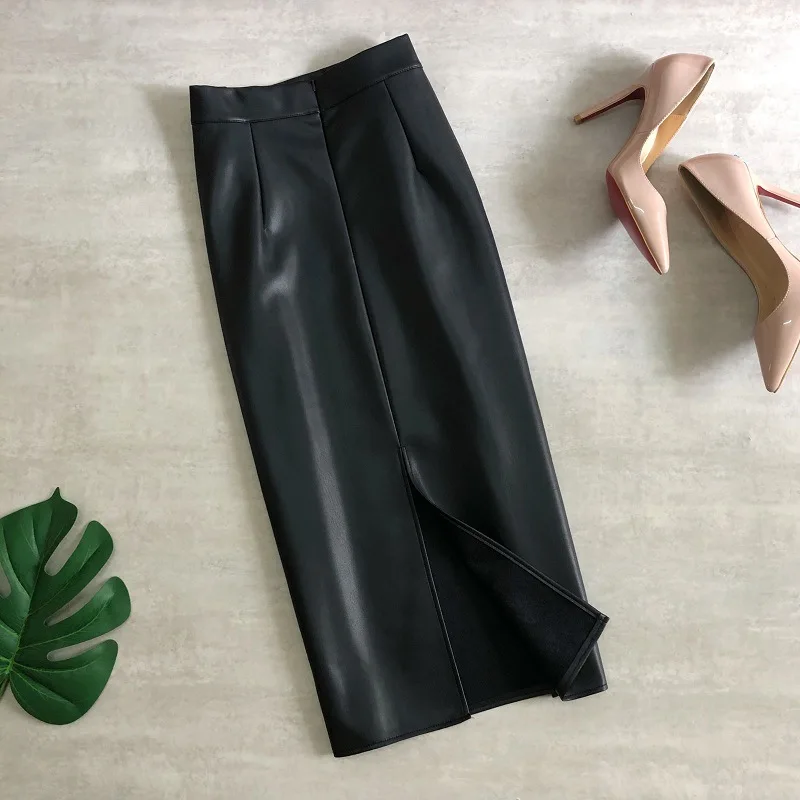 

Autumn Winter Black PU Faxu Leather Women‘s Wrap Midi Skirts High Waist Back Split Sheath Pencil Sexy Skirt Female 2023 New