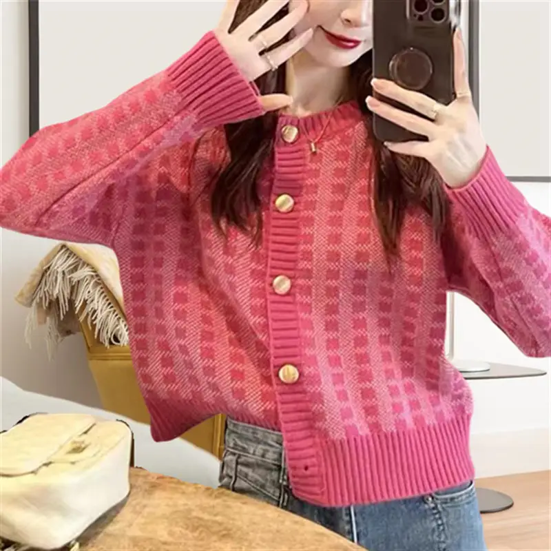 Blouse Jumper Coat Women's Spring/Autumn Knitwear Tartan Loose-fitting Flattering Charming Trendy Cardigan Casual Fashionable - Image 3