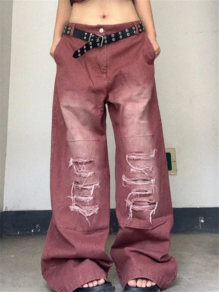 

Women's Red Oversize Torn Jeans 90s Aesthetic Y2k Vintage Baggy Denim Trouser Fashion High Waist Wide Cowboy Pants 2000s Clothes