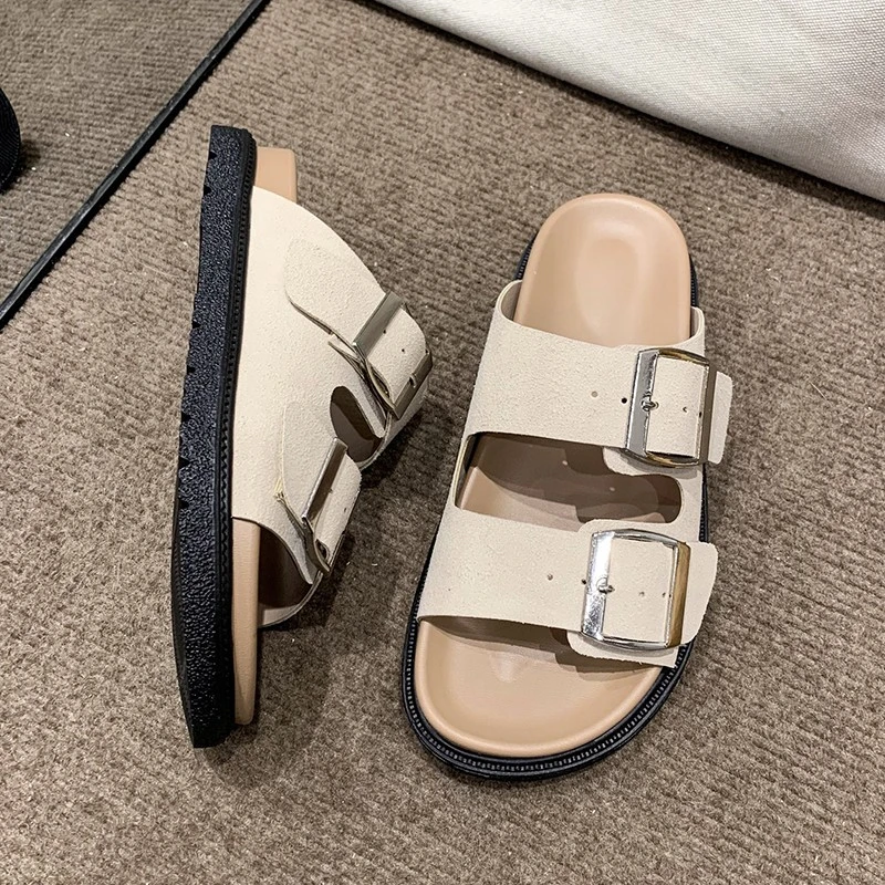 

2023 Summer New Genuine Leather Women Flat Slippers Buckle Thick Bottom British Style Handmade Peep Toe Slides