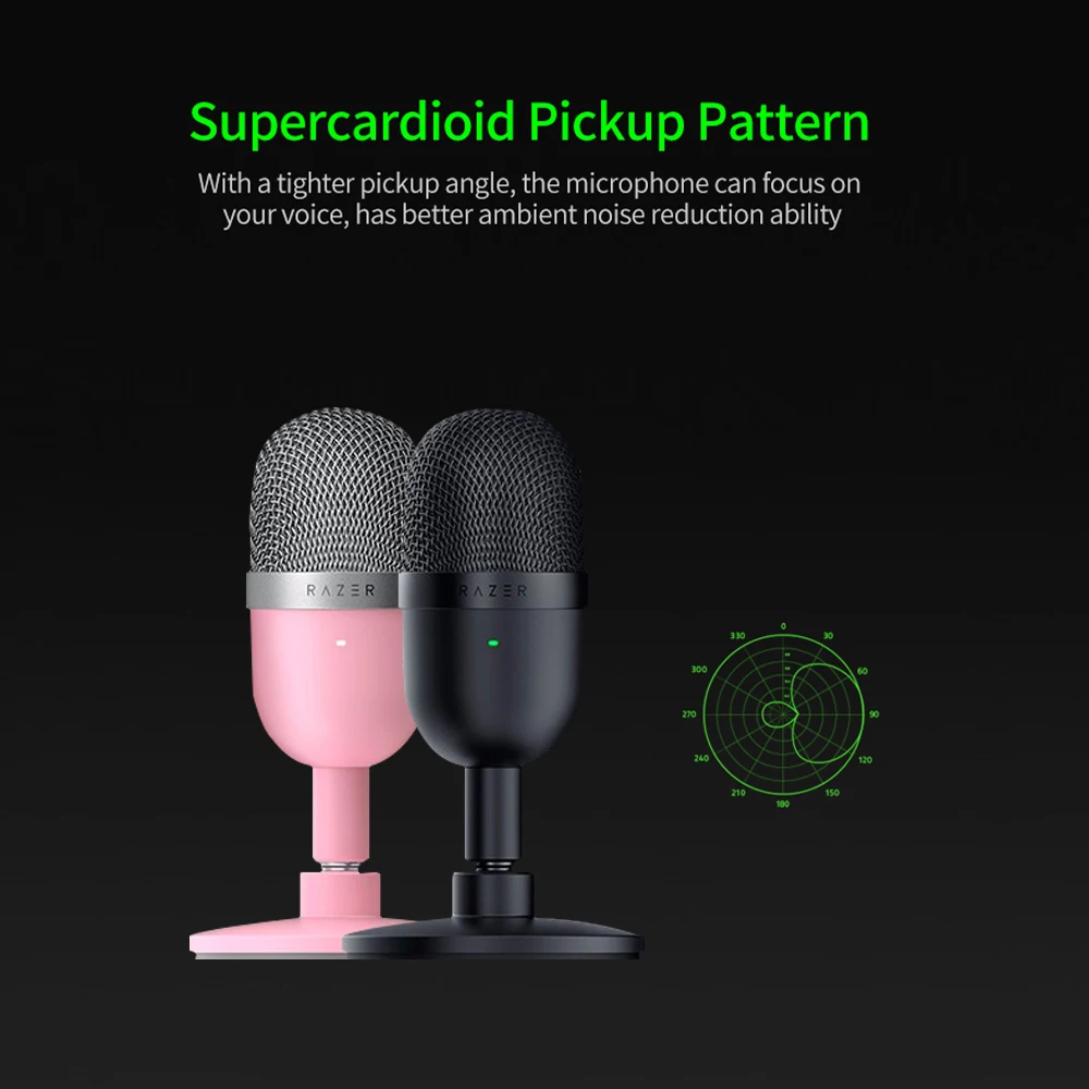 Razer Seiren 미니 USB 콘덴서 마이크, 울트라 컴팩트 스트리밍 마이크, 슈퍼 카디오이드 픽업 패턴 핑크 마이크
