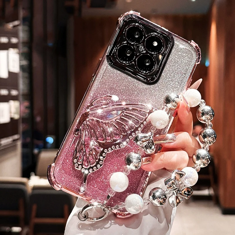 Coque souple antichoc avec support papillon et paillettes, étui souple pour iPhone 17 Air Pro Max 16 Plus 16E